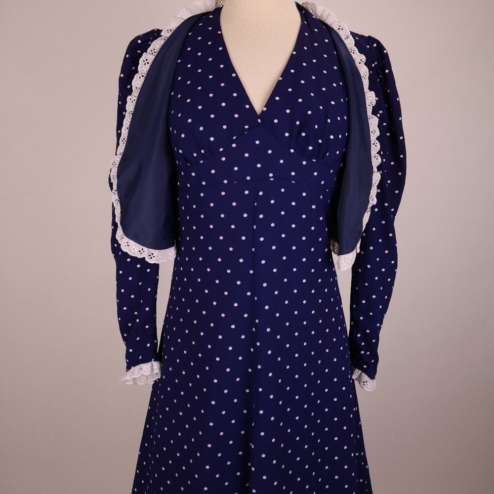 ❄️ Vtg Blue Polka Dot Halter Dress w Jacket Prairie Romantic Boho Peasant Hippie